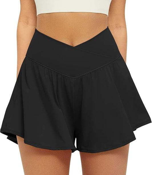 Crossover - Pantalones cortos deportivos TALLA XL - 2 en 1 para mujer, pantalones cortos fluidos para correr con bolsillos, falda pantalón de elastano para entrenamiento y jugar tenis