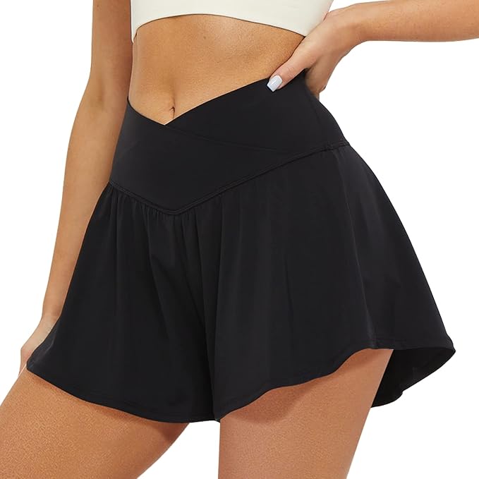 Crossover - Pantalones cortos deportivos TALLA XL - 2 en 1 para mujer, pantalones cortos fluidos para correr con bolsillos, falda pantalón de elastano para entrenamiento y jugar tenis