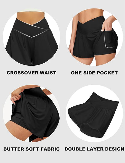 Crossover - Pantalones cortos deportivos TALLA XL - 2 en 1 para mujer, pantalones cortos fluidos para correr con bolsillos, falda pantalón de elastano para entrenamiento y jugar tenis